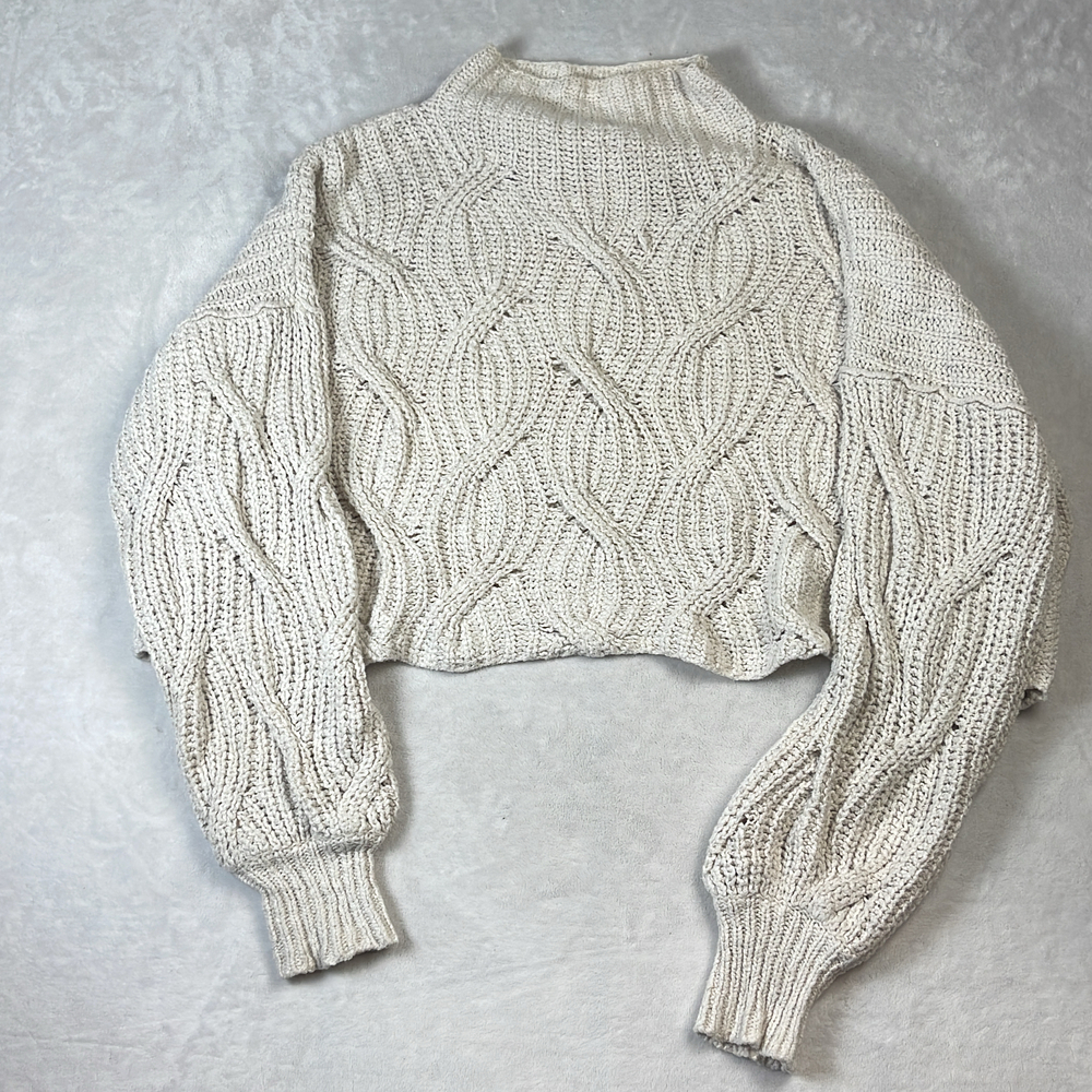 Free People Women's Sweater Size L Cream Cable Knit Mock Neck Cropped Pullover